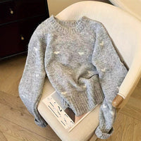 Women's Comfortable Sweater With Heart Pattern Long-Sleeved Crew-Neck Pullover