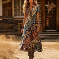 Floral Digital Print Art Short-Sleeve Elegant Dress