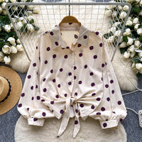 Tie-waist Lantern Sleeve Polka Dot Hot Drill Shirt