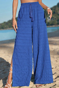 Dark Blue Textured Wide-leg Pants With Slits