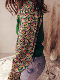 Floral Patchwork Pleated Cuff Puff Sleeve Sweater