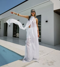 White Tencel Sleeveless Halter Neck Long Vest And Trousers Two-piece Set