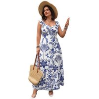 New Arrival Womens Long Dress Printed Waist-Cinching Square-Neck Strap Loose Dress