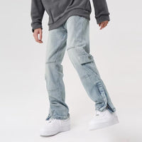 American-style Split Zipper Retro Wide Leg Straight Light Color And Water Scrubbing Jeans