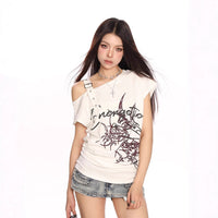 Graffiti Slant-Neck Off-Shoulder Short-Sleeve T-Shirt Women's