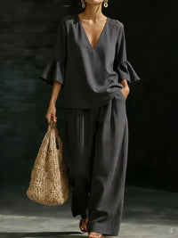 Womens V-neck Ruffle-Sleeve Top And Wide-Leg Pants Two-Piece Set
