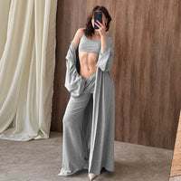 Long-sleeve Undershirt Long Pants And Knit Loungewear Set 3 Pieces