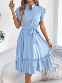 Stand-collar Ruffled Shirt Dress With A Tie Waist