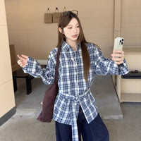Womens Blue Plaid Shirt With Tie Waist For A Slimming Look