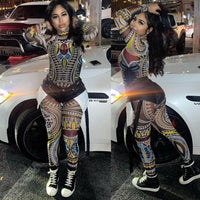 Net Yarn See-Through Digital Positioning Printing Jumpsuit