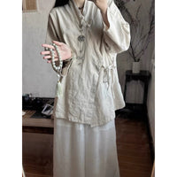 New Chinese-style Zen Tea Clothing With Tie-up Top In Cotton And Linen