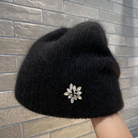 Women's Rabbit Hair Knitted Hat Thickened Warm Rhinestone Flowers