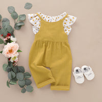 Girls' Floral Sleeveless Top Solid Color Suspenders Two-piece Suit