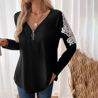 Lace-Panel Long-Sleeve T-Shirt Versatile European And American Style Womens Top