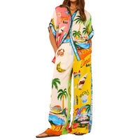 Womens Fashion Printed Color-block Top And Pants Set