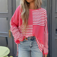 Womens Striped Color-block Crew-neck Top