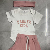 Girls' Letter Print Short-sleeve Romper Shorts Headscarf Three-piece Set