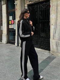 Contrast-color Sweatshirt Cardigan And Pants Set For Women