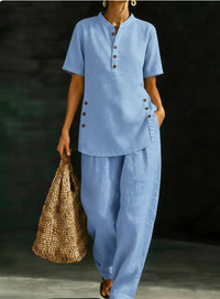 Womens Comfortable Linen Two-Piece Set Button-Up Shirt And Wide-Leg Pants