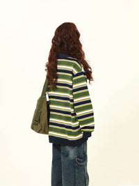 Vintage Matcha Green Striped Sweater Polo Collar Jacket