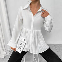 Solid-color Buttoned Pleated Long-sleeve Shirt