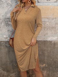 V-neck Long-sleeve Dress For Women Simple Solid-color Casual Style With A Slit