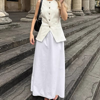 White Cotton Linen A- Line Skirt Loose High Waist Half-length