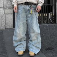 American-style Side Double-oblique Pleated Washed Wide-leg Jeans