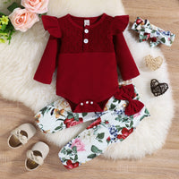 Sunken Stripe Long-sleeved Triangle Romper Flower Print Trousers Baby Girl Children's Suit