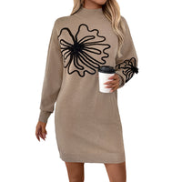 Half Turtleneck Flower Knitted Dress Sweater
