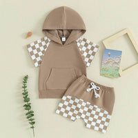 Summer European And American Boys' Plaid Hooded Fleece And Shorts Suit