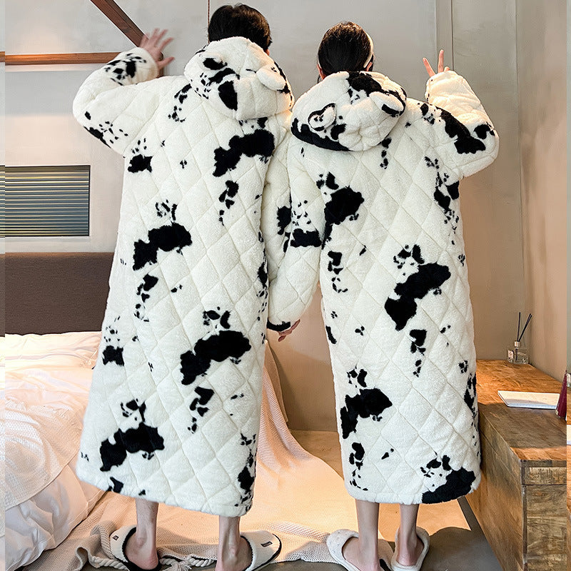 Winter Men's Quilted Cow Pajamas Thick Coral Fleece Bathrobe Homewear Nightgown