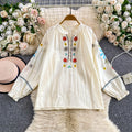 Sweet, Youth-Enhancing Floral Embroidery Stand Collar Puff Sleeve Shirt