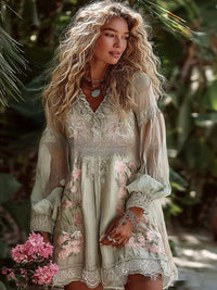 Womens Retro Bohemian Rose-Embroidered Linen Loose V-Neck Short Skirt