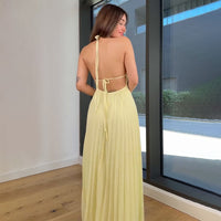 Solid Color Sleeveless V Neck Halter Backless Dress