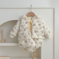 Winter Korean Style Baby Girl Floral Suit Lace Pocket Strap Romper Outwear Warm Two-piece Suit