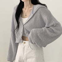 Lazy Style Thin Short Ice Silk Loose Lantern Sleeve Hooded Long-sleeved Cardigan
