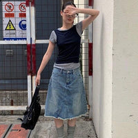 Womens Retro Washed Blue Denim Raw Hem Skirt In American Style