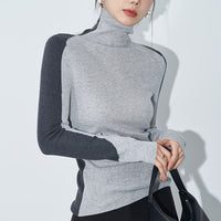 Contrast-color Ultra-fine Merino Wool Designer Patchwork Base Knit Top For Women
