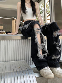 New Fried Street Fashion Cool Raw Hem High Waist Straight Mopping Pants