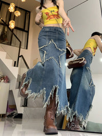 Washed Denim Skirt Women's Five-pointed Star Patch