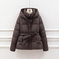 Womens Slimming Figure Hugging Cotton Coat With A Defined Waist Hood And Drawstring