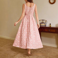 Womens Boat-Neck Jacquard Sleeveless Elegant Waist-Cinching Maxi Dress