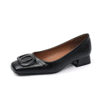 Womens Retro Square-Toe Leather Shoes Low-Heel Chunky-Heel Pumps