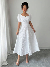 Elegant Jacquard Solid Color Puff Sleeve Square Neck Dress For Women