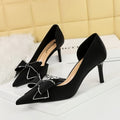 Women's Stiletto Low-cut Pointed Side Hollow Rhinestone Bow High Heels
