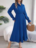 Women's Casual Lapel Button Long Sleeve Tie Waist Pleated Maxi Dress