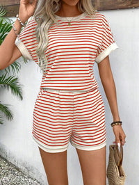 Womens Loose Casual Striped T-Shirt And Shorts Set