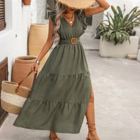 Elegant Waist-Cinched Deep V-Neck Dress For Women