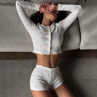 Knitted Printed Long Sleeve Shorts Two Piece Pajama Set For Home Wear